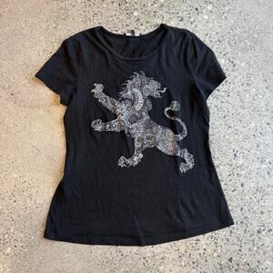 Express Women’s Medium Tee Black Graphic Rhinestone Lion Cotton Y2K Early 2000s